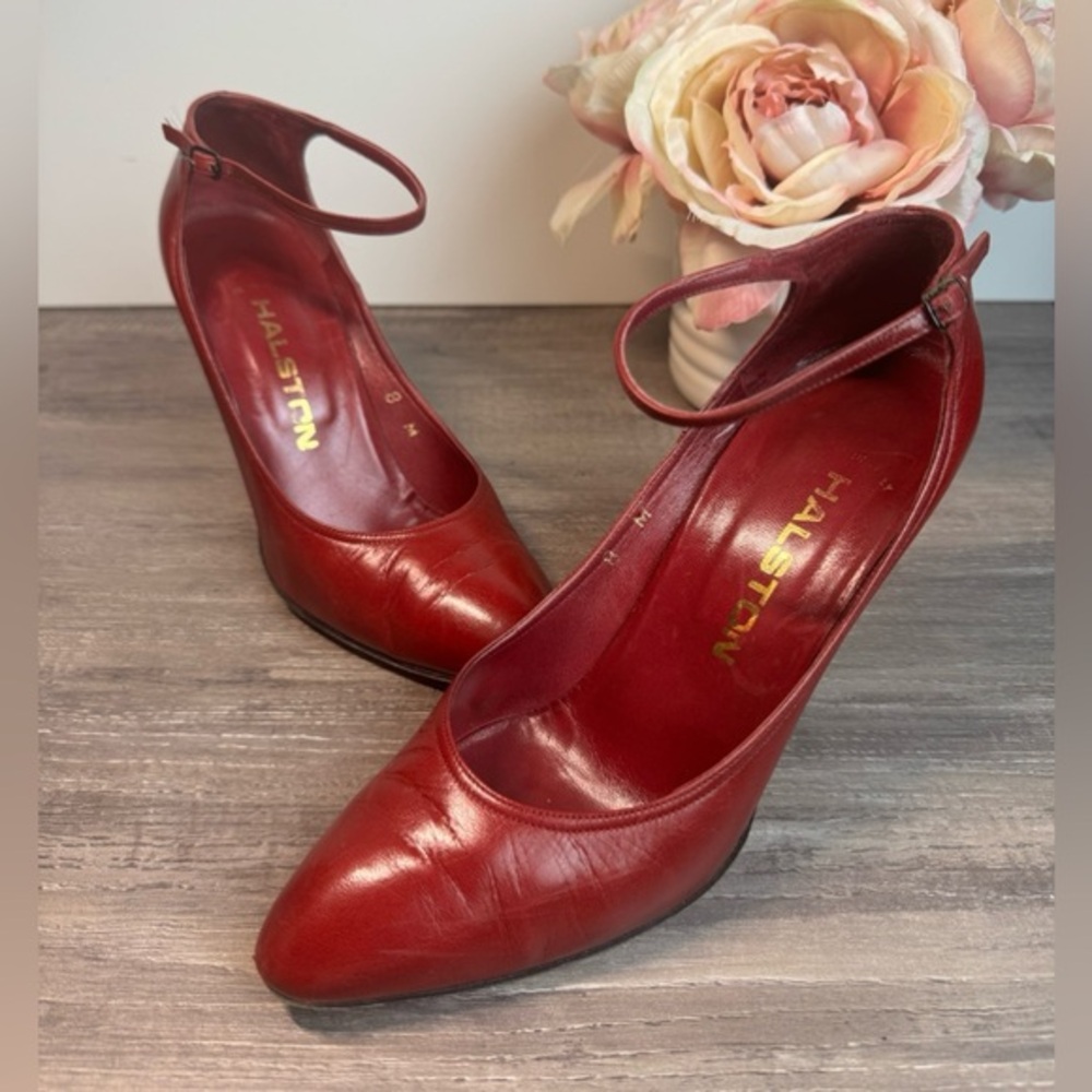 Halston Heritage Red Leather Ankle-Strap Pumps
